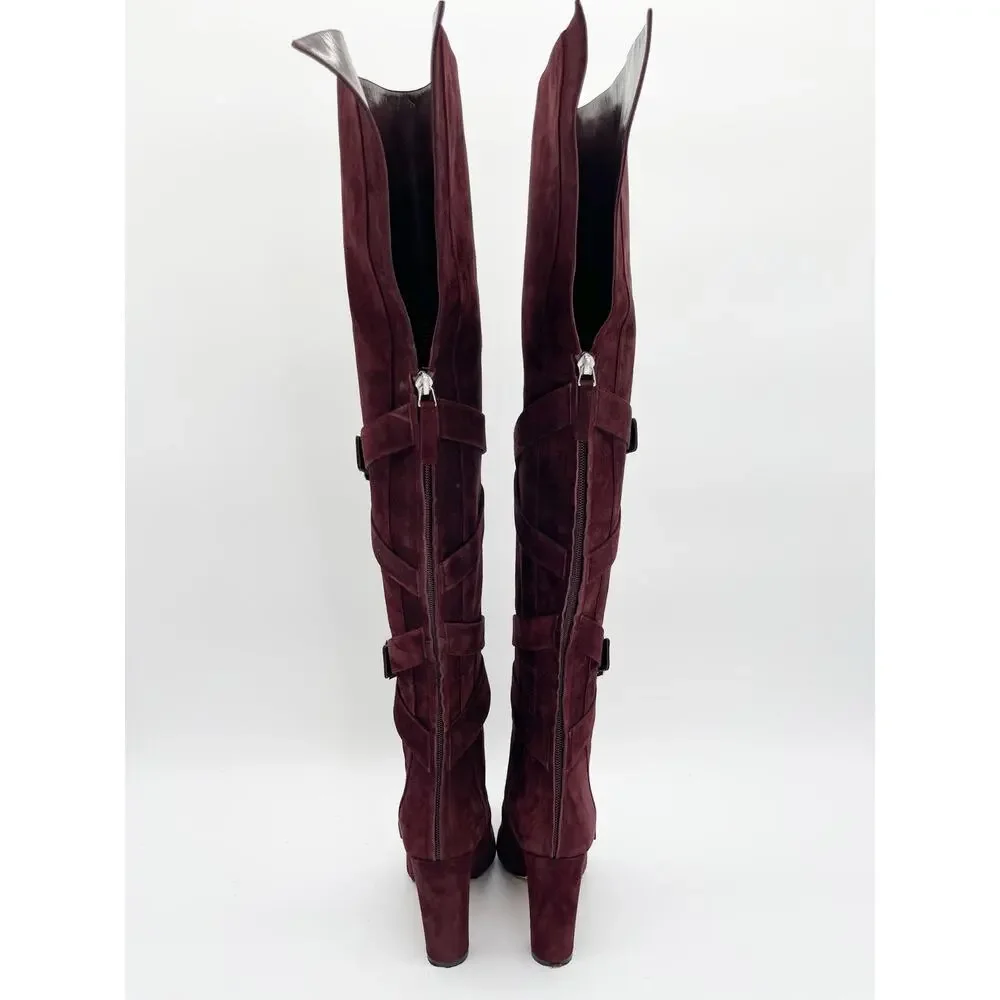 Manolo Blahnik Josimhi Burgundy Suede Buckle Strap Pointed Toe OTK Boots IT 37.5